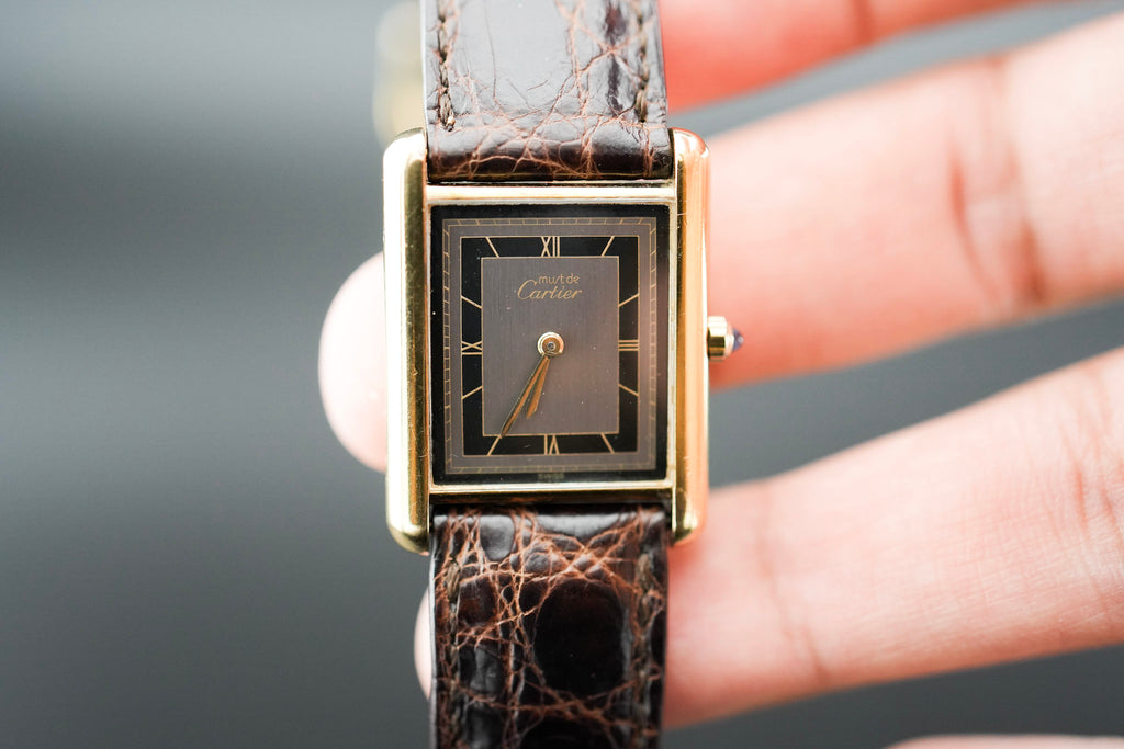 Cartier Tank Rare Grey Dial Circa 1990's with original strap and Cartier Pouch