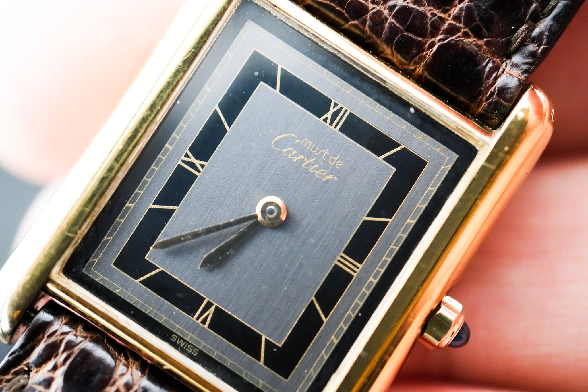 Cartier Tank Rare Grey Dial Circa 1990's with original strap and Cartier Pouch