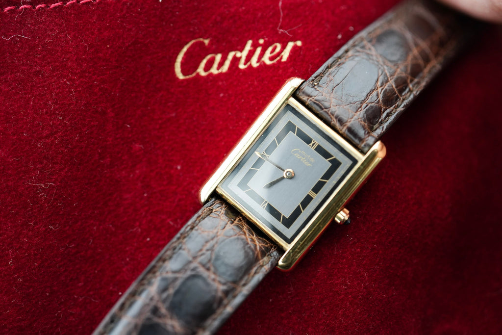 Cartier Tank Rare Grey Dial Circa 1990's with original strap and Cartier Pouch