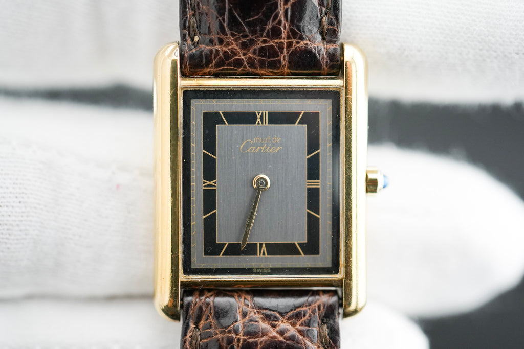 Cartier Tank Rare Grey Dial Circa 1990's with original strap and Cartier Pouch